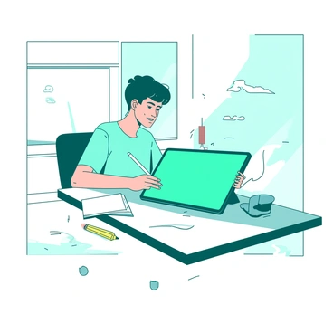 A teal tablet is resting on a sleek, white modern desk. A student is sitting at the desk, focused on taking an exam. The student is holding a white stylus, poised above the tablet screen. There are a few scattered notes and a yellow pencil nearby on the desk. The background features a minimalistic room with soft lighting to create a calm atmosphere.