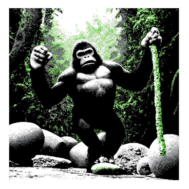 Donkey Kong is depicted in a lush jungle setting, surrounded by vibrant greenery. He is seen performing exercises using natural equipment. One of his arms is gripping a thick vine, which he pulls down as part of his workout routine. Nearby, large rocks are arranged in a way that suggests they are being used as weights. The surrounding foliage includes towering trees and ferns, adding to the dynamic atmosphere of the scene.