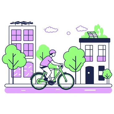 A person is riding a bicycle along a city street. The cyclist is wearing a helmet and is dressed in casual clothing. On either side of the street, there are energy-efficient buildings with large windows and greenery integrated into their designs. Solar panels are visible on the rooftops of some of the buildings. The street is lined with trees, and there are bike lanes marked on the road. In the background, a clear sky is visible, enhancing the urban landscape.