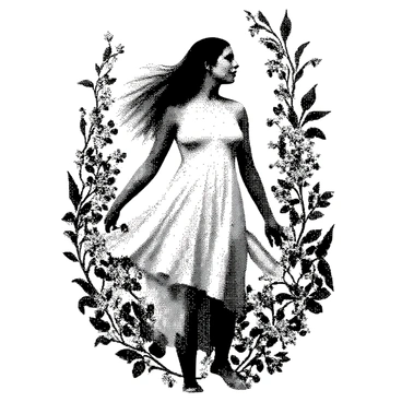 A woman with long, flowing hair is standing gracefully in the center of the image. She has delicate features and is wearing a flowing dress that appears to blend seamlessly with the surrounding elements. Intricate floral patterns swirl around her, displaying various shapes and forms of leaves and blossoms that create a harmonious composition. The floral designs encompass her, flowing around her arms and framing her figure, enhancing the sense of movement. The entire scene is rich with detail, showcasing the complexity of the floral elements intertwined with the figure of the woman.
