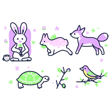 A series of animal sketches is arranged on a white page. The first sketch depicts a rabbit with long ears and a playful expression, sitting upright and holding a carrot. Next to it is a fox with a bushy tail, depicted mid-leap as if jumping through the air. Below these animals, there is a turtle slowly walking, its shell decorated with small flowers. Another sketch features a colorful bird with outstretched wings perched on a branch. Each animal is surrounded by small, playful lines to suggest movement and liveliness on the page.