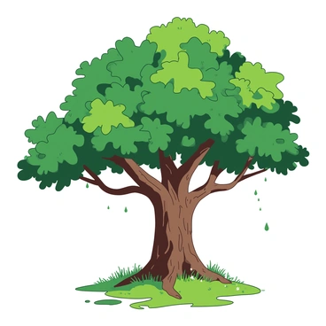A large brown ancient oak tree stands tall and firm, its thick trunk and sprawling branches showcasing its age and strength. Raindrops fall gently, creating small ripples as they hit the vibrant green grass below. The leaves of the oak are a rich shade of green, glistening with moisture in the soft light. Small puddles form at the base of the tree, reflecting the surrounding greenery. The atmosphere is tranquil, with a few delicate white flowers scattered around the oak's roots, further enhancing the serene spring setting.