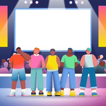 A group of five contestants with diverse appearances is standing on a brightly lit stage, each displaying a mix of anticipation and nervousness. The contestants are wearing colorful, casual clothing that reflects their personalities. Their eyes are fixed on a large screen in the background, which is currently blank but will soon display the answer. The stage is adorned with vibrant banners and lights that create a dynamic atmosphere. There is an audience visible in the dimly lit area beyond the stage, some people whispering to each other while others hold their breath in suspense. The expressions on the contestants' faces range from focused concentration to anxious excitement, highlighting the tense moment of silence as they await the answer reveal.