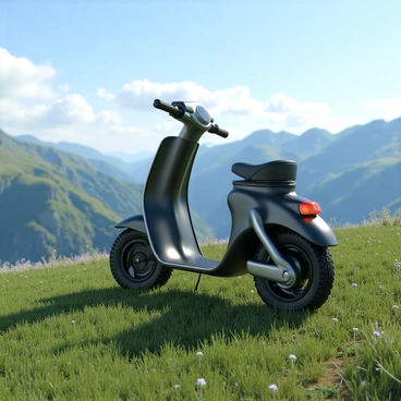 A Segway with a sleek, modern design is parked on a grassy hilltop. The Segway features a shiny black body with silver accents and is plugged into a charging station with a glowing indicator light. In the background, a panoramic view of majestic mountains stretches across the horizon, showcasing rugged peaks and patches of greenery. The sky above is clear with a few fluffy white clouds, allowing sunlight to illuminate the scene. The hilltop is dotted with wildflowers, adding splashes of color to the landscape.