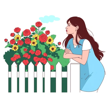 A young woman with long brown hair is standing outside a white picket fence, gazing enviously at a vibrant garden filled with colorful flowers. The garden features clusters of red roses and yellow sunflowers, creating a striking contrast against the green foliage. The woman is wearing a light blue dress, and her arms are crossed as she leans slightly forward, her expression one of longing. In the background, the sky is bright, adding to the overall vividness of the scene.