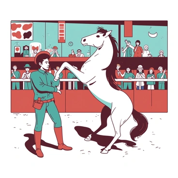 A teal trainer in riding gear stands confidently beside a white mustang in an arena. The mustang performs an impressive trick, rearing up on its hind legs. The arena is surrounded by spectators, some clapping and others taking photos. In the background, colorful banners hang from the arena walls, adding to the excitement of the scene. The sun casts bright shadows on the sand ground, enhancing the dynamic atmosphere of the horse show.