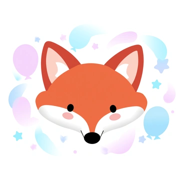 A cheerful fox head is centrally placed in the image, showcasing its vibrant orange fur. Surrounding the fox head are various playful elements such as colorful balloons floating nearby. Scattered around the fox head are small stars in different sizes and pastel colors. The overall composition creates a lively and joyful atmosphere.