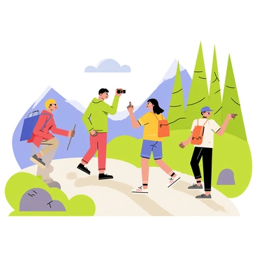 A group of four friends hiking up a scenic mountain trail. The first friend is wearing a red jacket and has a large blue backpack. The second friend, dressed in a green hoodie, is holding a camera and capturing pictures of the scenery. The third friend has on a yellow t-shirt and is looking up at the tall trees alongside the trail, while carrying a small orange backpack. The fourth friend is in a blue cap and is pointing towards a distant peak. The trail is surrounded by lush green foliage and rocky outcrops, with a clear blue sky above.