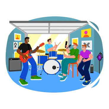 A group of three friends playing instruments joyfully in a cluttered garage. One friend is strumming a bright red electric guitar, while another is energetically playing a blue drum set. The third friend is sitting on a tall stool, singing into a microphone with a big smile on their face. The garage is filled with colorful music posters on the walls and various instruments scattered around. There is a tangle of electric cables and a small amplifier sitting nearby. Sunlight streams in through a half-open garage door, illuminating the lively scene.