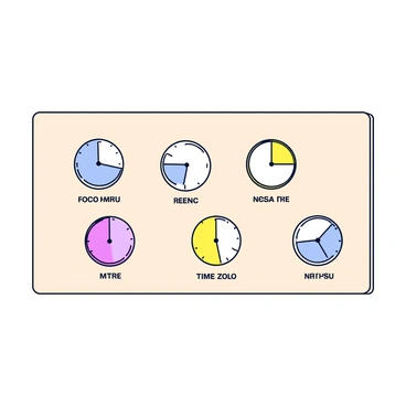 A flat wall with a smooth surface in a soft neutral color. Mounted on the wall are several round clocks, each displaying a different time. Each clock has a distinct background color representing various time zones. The clocks are arranged in a neat grid pattern, with labels underneath each clock indicating their respective cities and time zones. The scene conveys a sense of organization and global connection.