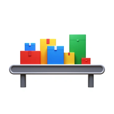 A conveyor belt system transporting various sizes of 3D boxes