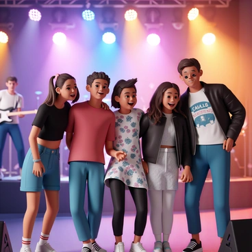 A group of five teenagers is standing close together at a lively concert. They are dressed in casual clothing, with one girl wearing a black crop top and denim shorts, another boy in a red t-shirt and jeans, a girl in a floral dress, a boy sporting a leather jacket, and another girl in a band t-shirt and leggings. All have excited expressions as they dance and sing along with the band performing on stage. The atmosphere is vibrant, with colorful stage lights illuminating the scene and the band members visible in the background, playing their instruments.
