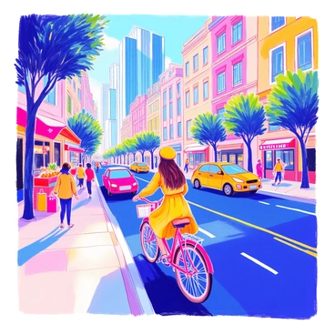 A woman with long brown hair is riding a bicycle along a busy street in a bustling cityscape. She is wearing a bright yellow dress with a matching helmet. Skyscrapers tower in the background, reflecting sunlight on their glass surfaces. The street is filled with pedestrians, some carrying shopping bags, and there are cars parked along the curb. A colorful street market is visible to one side, with stalls displaying fresh fruits and vegetables. Trees line the sidewalk, providing patches of shade.
