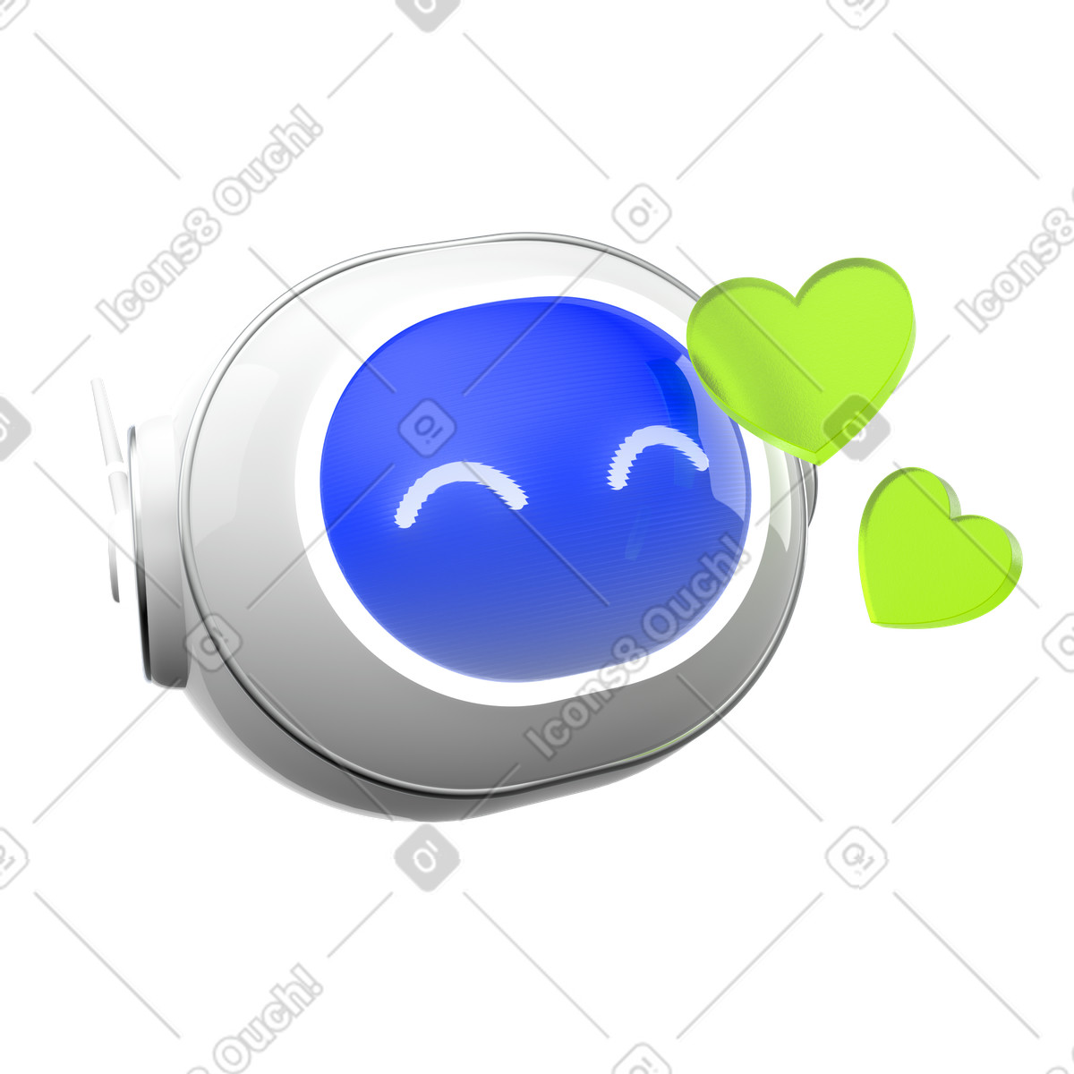 Smiling chatbot with green hearts, ai assistant for customer support illustration in 3D Enterprise style download in PNG, SVG