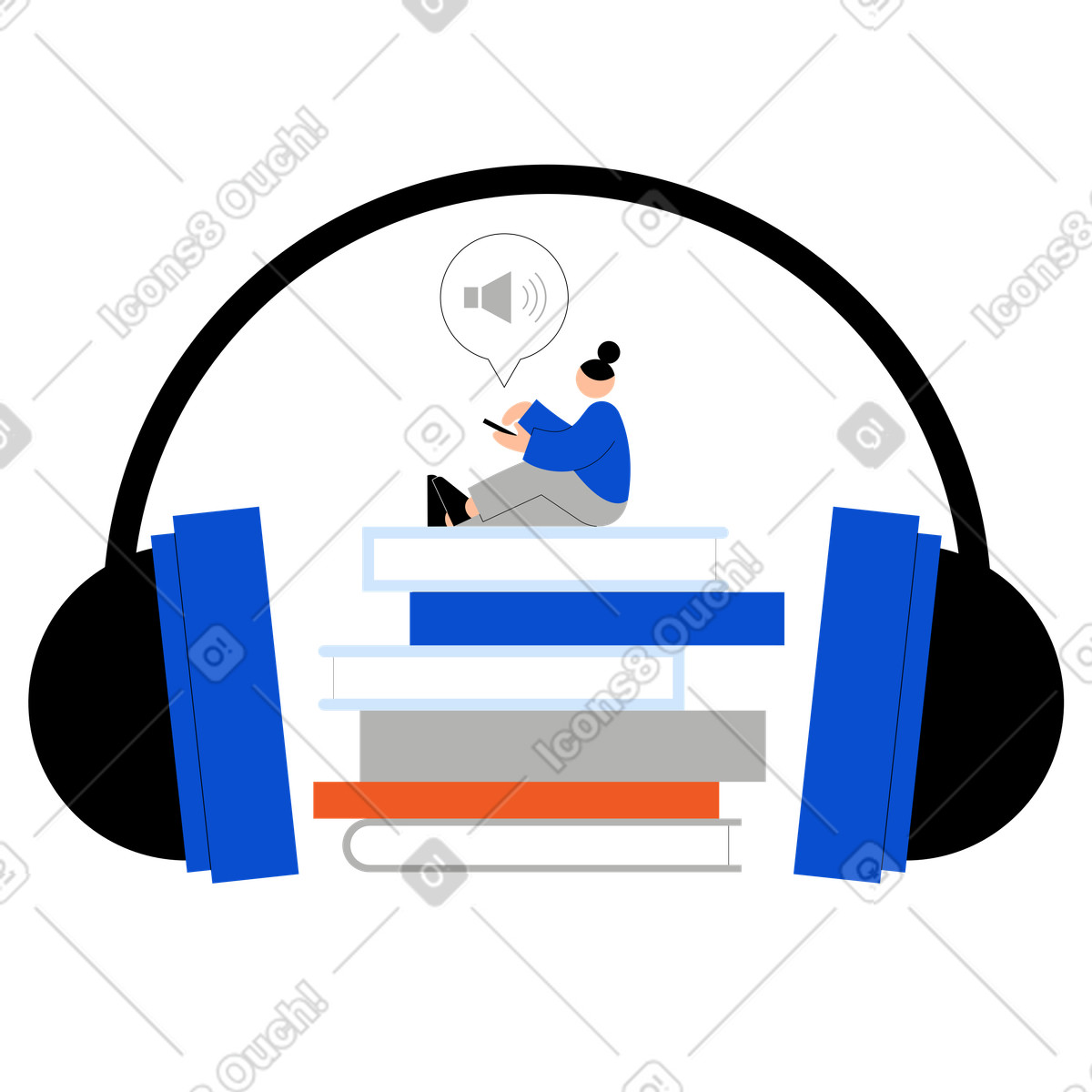 Illustration Jeune femme écoutant un livre audio dans le style Tiny à télécharger aux formats PNG, SVG