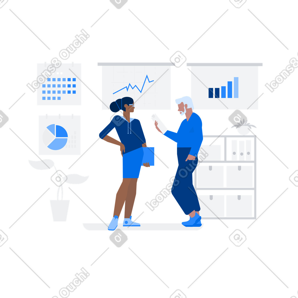 Illustration Colleagues reviewing graphs in workplace, Business analytics meeting dans le style Urban à télécharger aux formats PNG, SVG