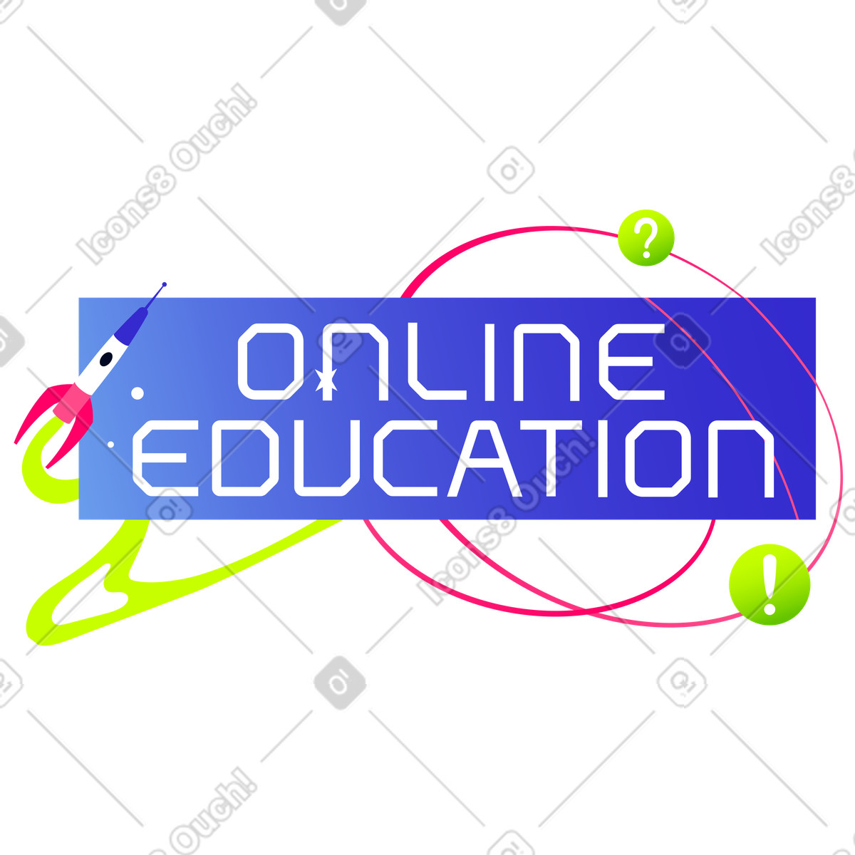 Lettering online education text with rocket illustration in Space style download in PNG, SVG