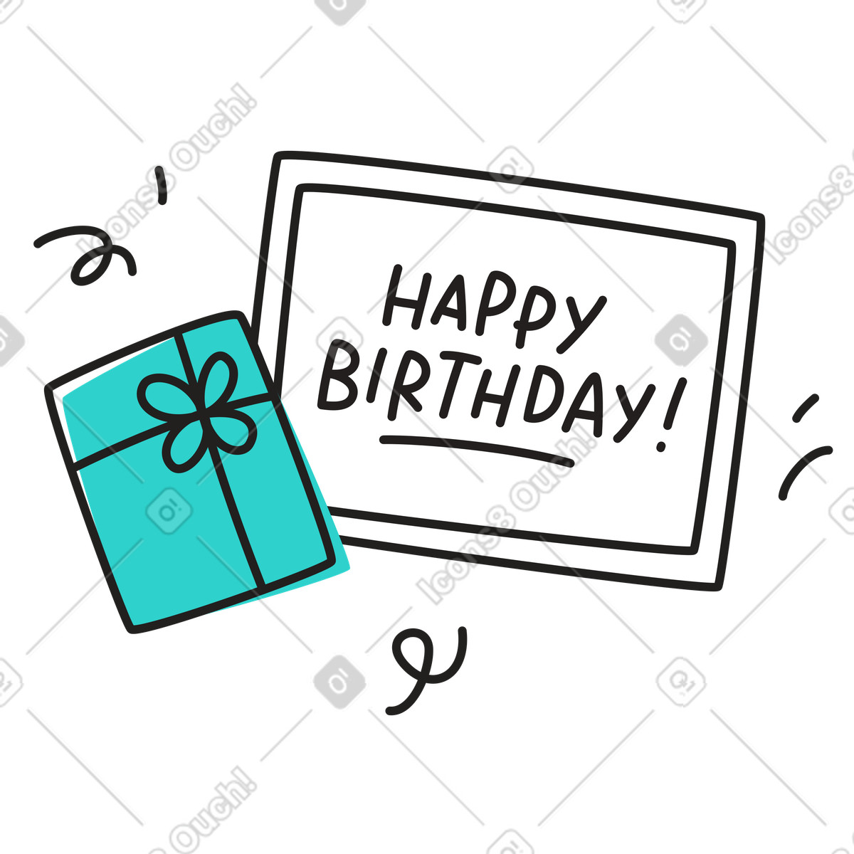 Ilustração de Cartão postal feliz aniversário com caixa presente em no estilo Little para baixar em PNG, SVG
