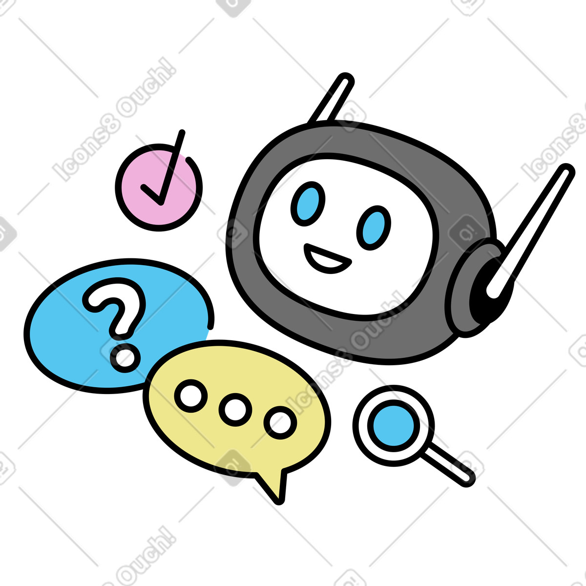 Mochi スタイルの Friendly Chatbot with speech bubbles, AI assistant and support automation のイラストをPNG、SVG形式でダウンロード