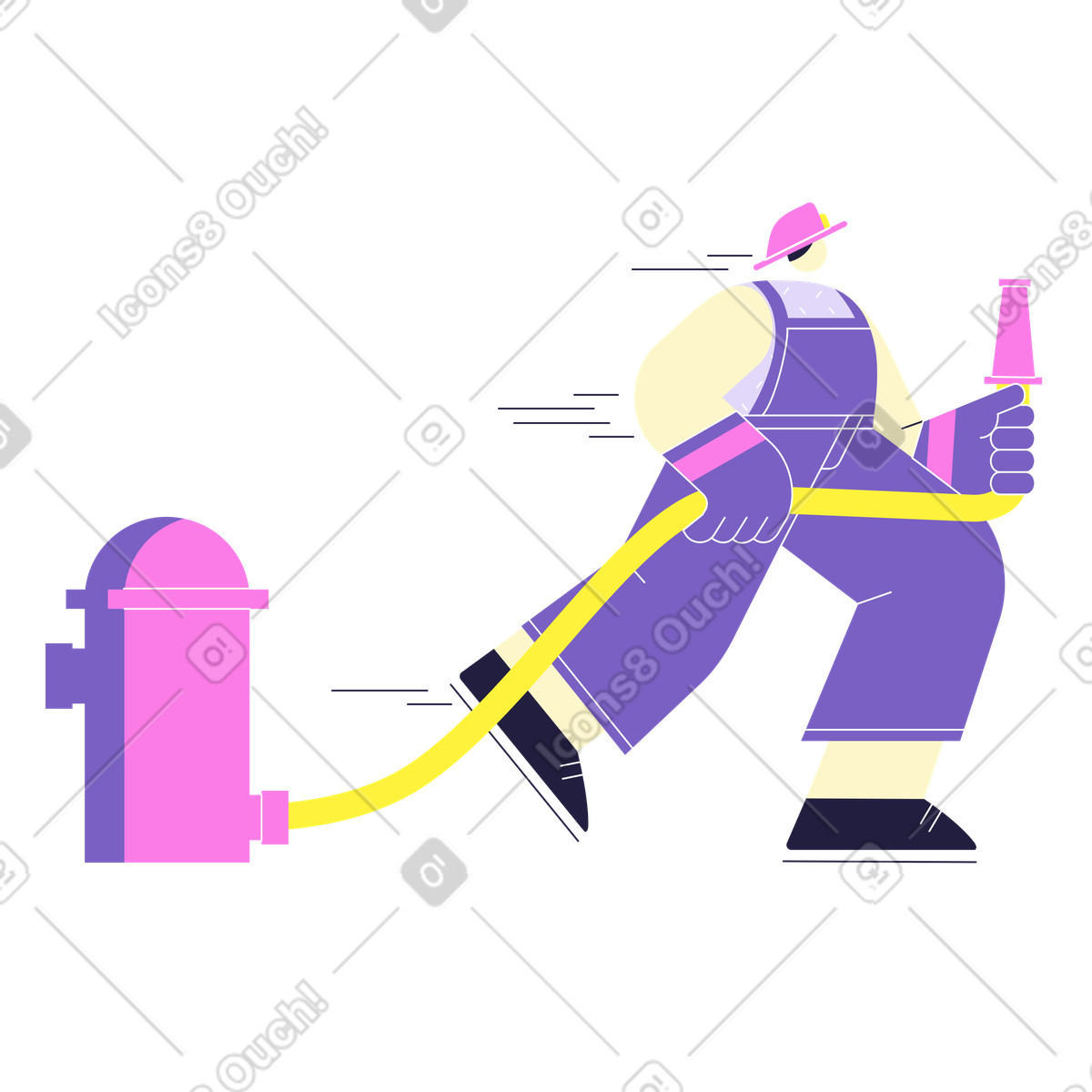 Illustration Pompier courant avec une lance à incendie dans le style Mellow télécharger aux formats PNG, SVG