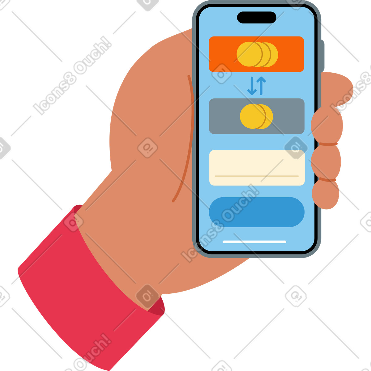 Hand hält ein telefon mit einem überweisungsfenster-Illustration im Catchy-Stil als Download in PNG, SVG