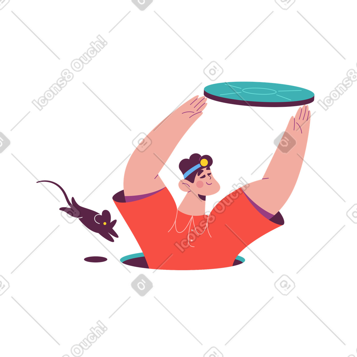 Explorer emerging from manhole, System log out or exit action illustration in Sammy style download in PNG, SVG