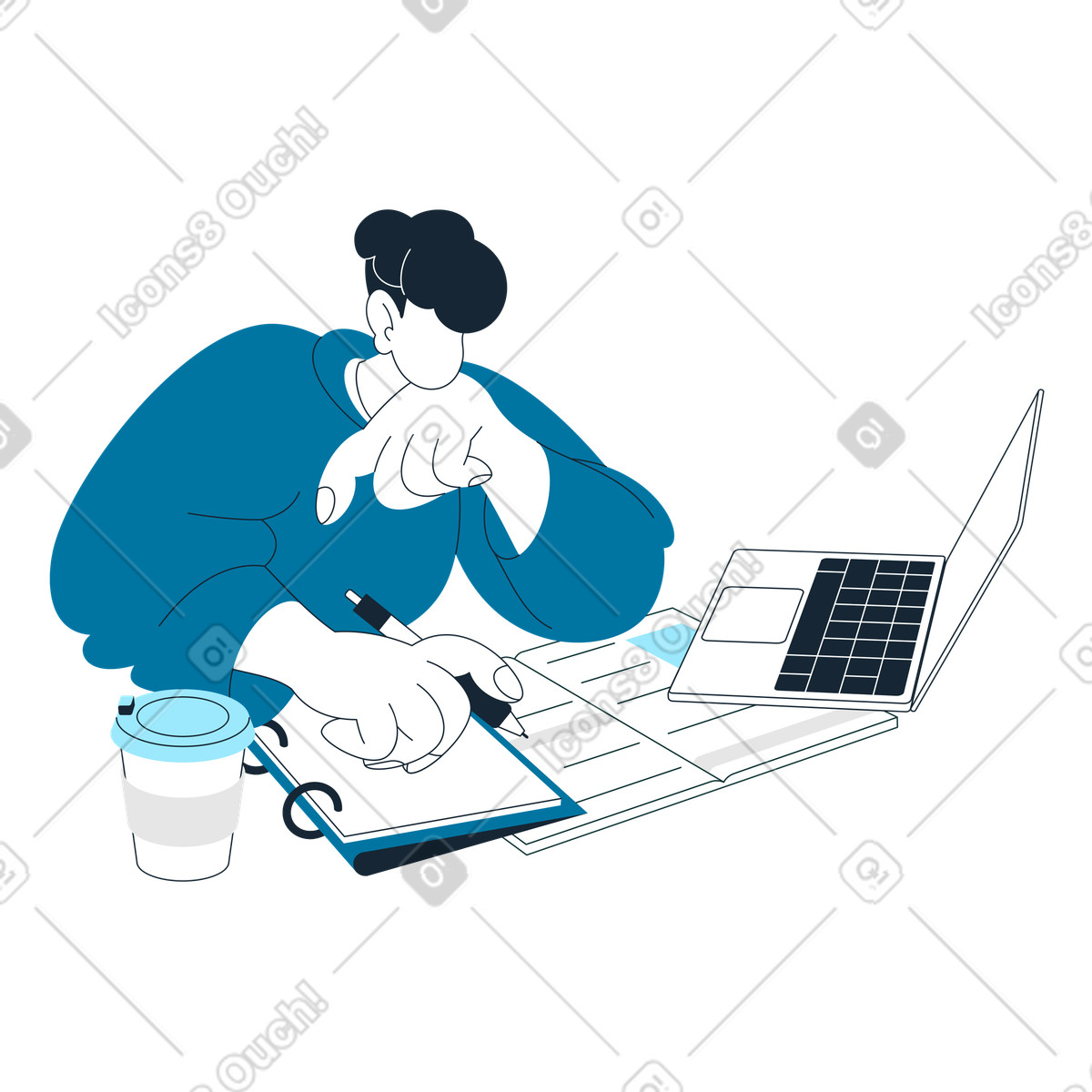 Studente che studia e prende appunti illustrazione in stile Indigo scarica in PNG, SVG