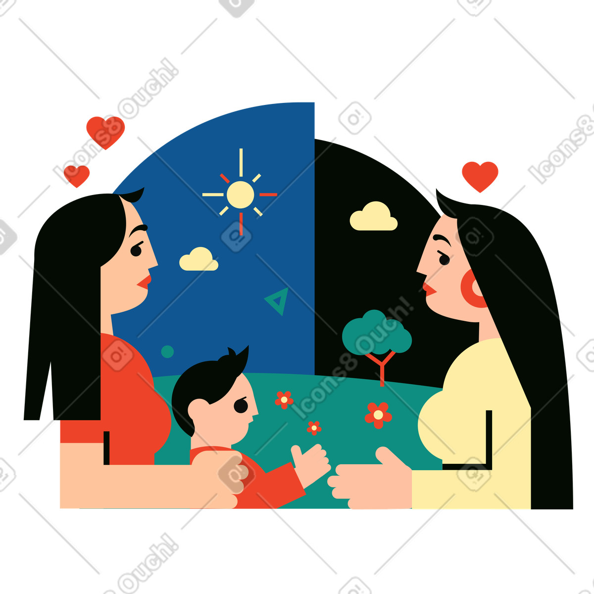 Ilustración Dos mujeres y su hijo saliendo a caminar en estilo Polar descargar en PNG SVG