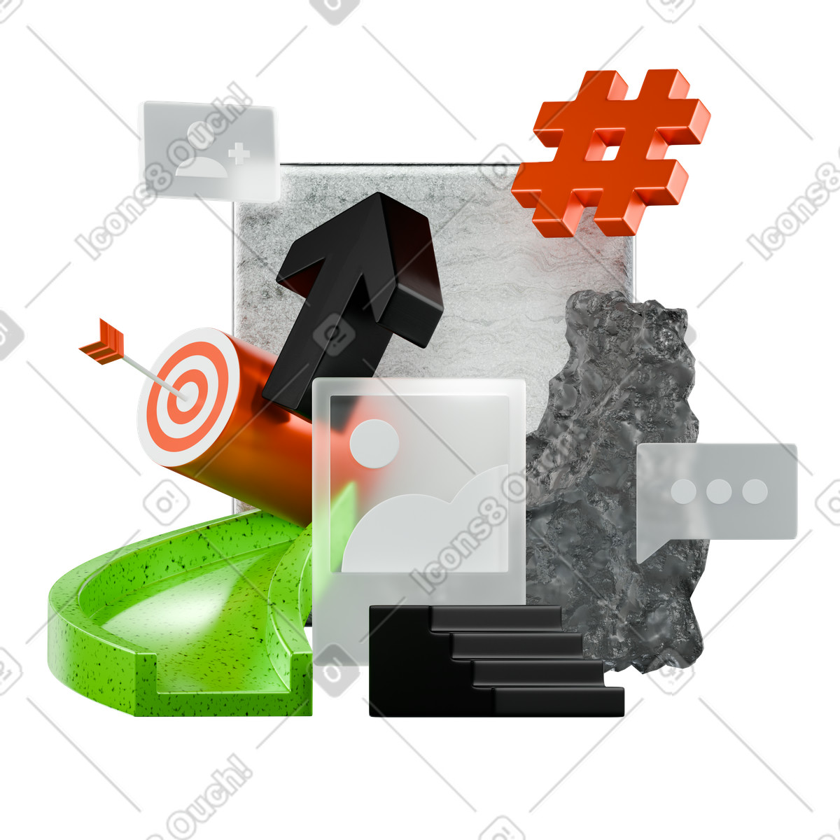 Ilustração de Abstract composition with social media elements, rising arrow, and target, growth strategy em no estilo 3D Platforms para baixar em PNG, SVG