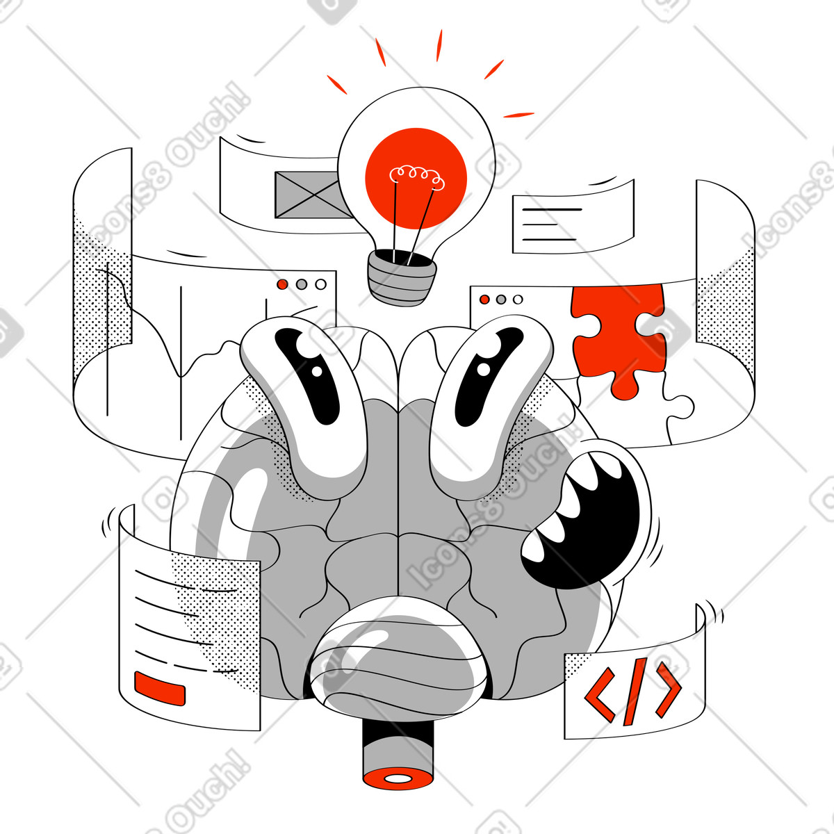 Cervello con lampadina idea e schermi volanti illustrazione in stile Looney scarica in PNG, SVG