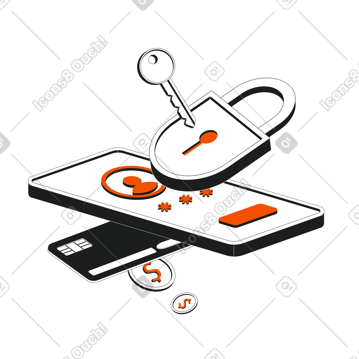 Unlocked padlock and phone with credit card, Safe online transaction authentication illustrazione in stile Strict scarica in PNG, SVG