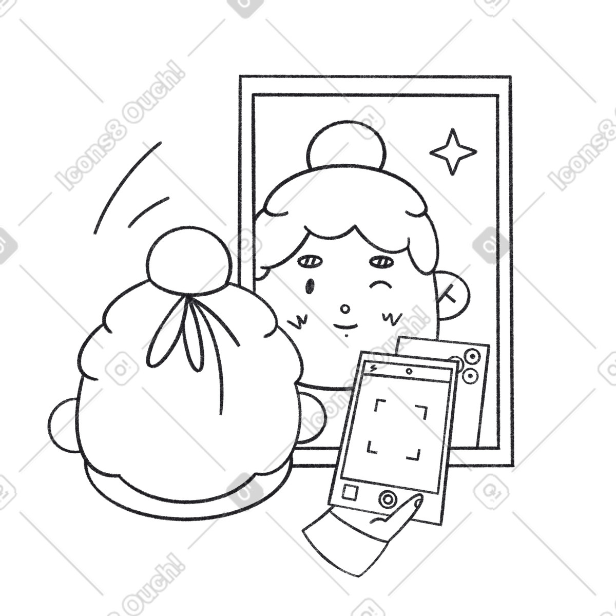 下载 Bonbon Line 风格的 艾尔眨眼，对着镜子自拍 插画，支持 PNG、SVG 格式