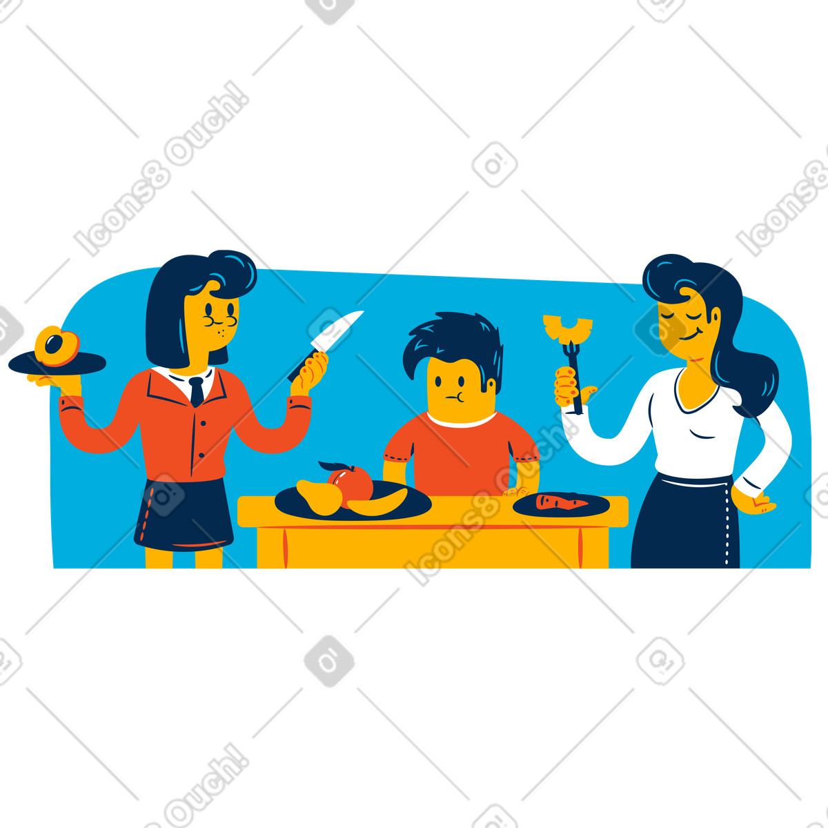 People having fruit and veggies for dinner illustration in Flame style download in PNG, SVG