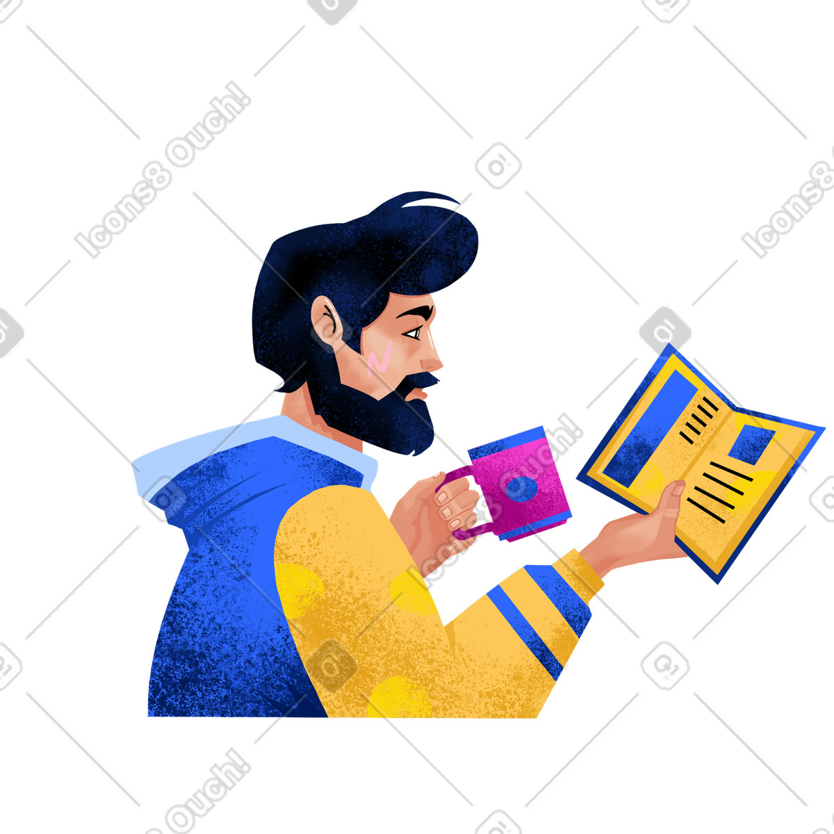 Man reads a book with coffee illustration in Flare style download in PNG, SVG