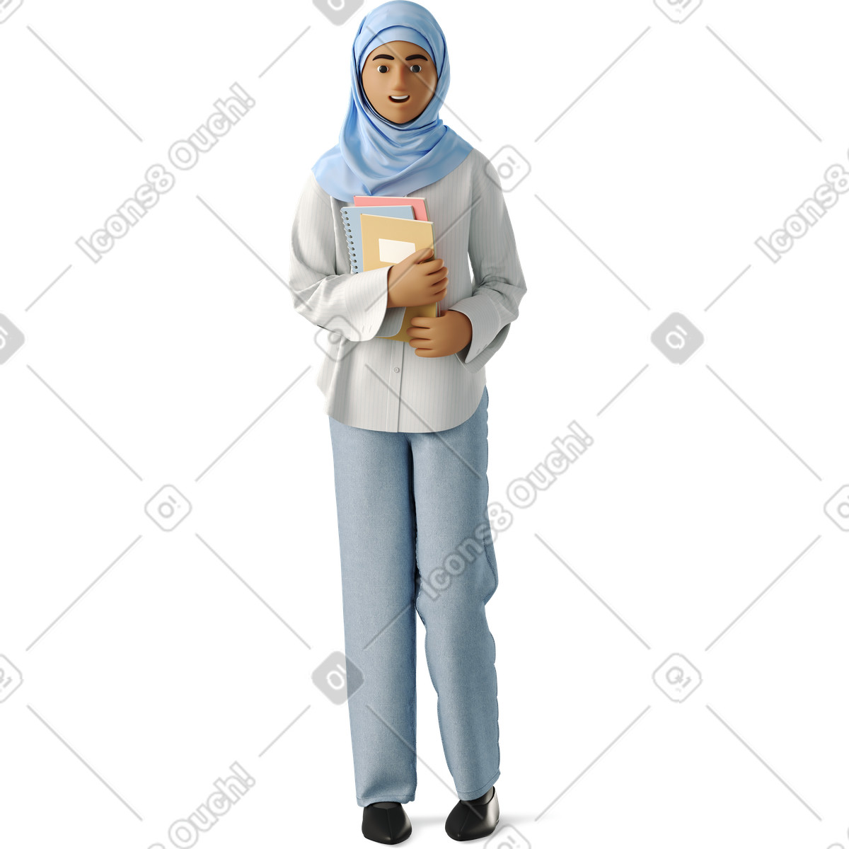 Illustration Jeune femme en hijab avec des cahiers dans le style 3D Business à télécharger aux formats PNG, SVG