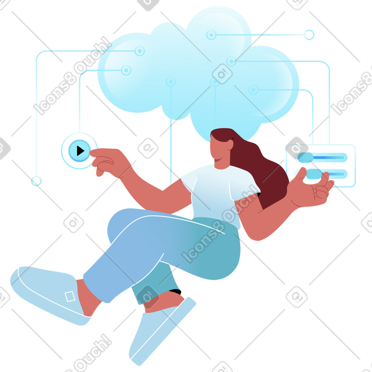 Ilustração de Saas com uma mulher usando aplicativos baseados em nuvem no estilo Airy para baixar PNG, SVG