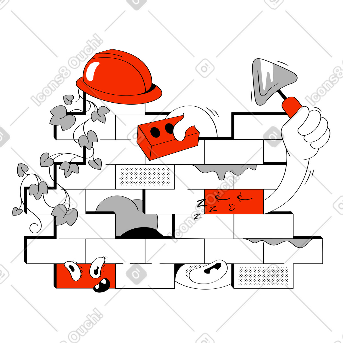 Illustration Mur en construction avec un gars à la truelle dans le style Looney télécharger aux formats PNG, SVG