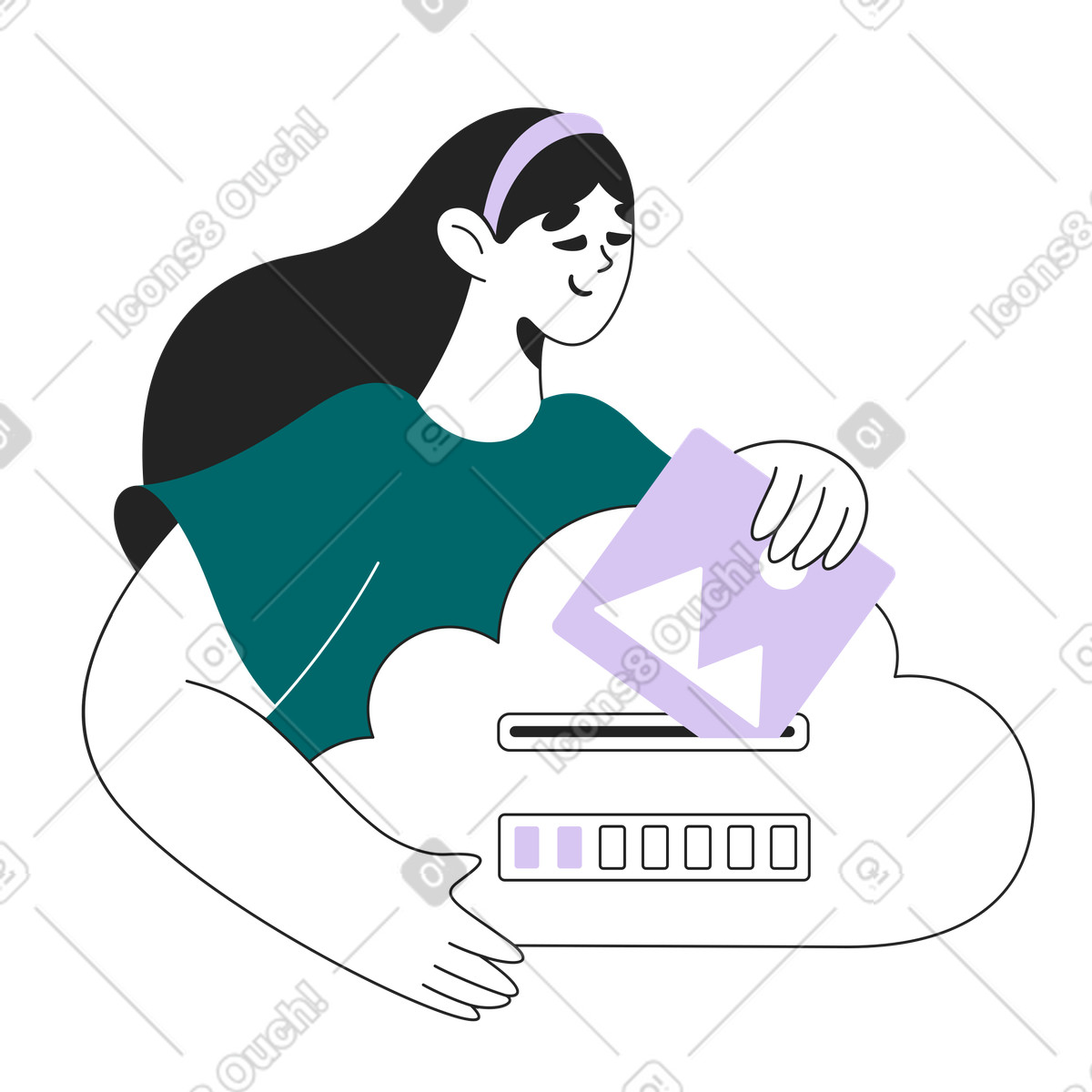 Donna che carica file sul cloud illustrazione in stile Sammy Line scarica in PNG, SVG