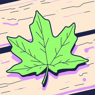A close-up view of a Vermont maple leaf on a wooden surface. The leaf features a prominent, intricate shape with multiple pointed lobes and a jagged edge. The veins of the leaf are clearly visible, enhancing its texture. The leaf is placed diagonally across the wood, allowing the natural grain of the surface to show through. Sunlight casts gentle shadows that accentuate the contours of the leaf, creating a rich, detailed portrayal of its surface.
