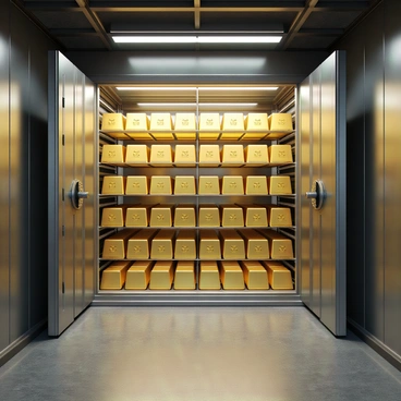 A large vault room with metallic walls, featuring shelves filled with shiny gold bars. The gold bars are stacked neatly in rows, reflecting light and creating a lustrous appearance. The floor of the vault is made of polished concrete, adding to the industrial look. Bright overhead lights illuminate the space, enhancing the gleam of the gold. The vault door is massive and secure, with intricate locking mechanisms visible.
