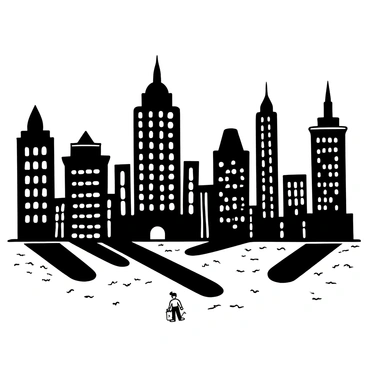 A row of tall skyscrapers with intricate architectural designs tower above the scene, their windows reflecting the light. The skyscrapers cast long, sharp shadows that stretch dramatically across the ground. Below, there is a tiny, lonely figure standing at the center of the shadows, looking small and isolated in comparison to the towering buildings around. The ground is paved with cobblestones, enhancing the sense of scale, and a few scattered pieces of litter are visible. The sky above is clear, emphasizing the height of the buildings.