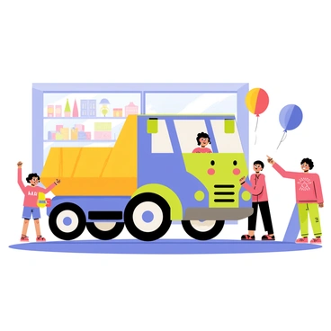 A colorful LEGO truck with a bright blue cab and yellow cargo bed is parked in front of a toy store. The truck features oversized wheels and a smiling face on the front, making it look friendly. In the background, the toy store has large glass windows showcasing various toys stacked on shelves. Children of different ages are gathered outside, some pointing excitedly at the truck, while others are holding toys. A few balloons can be seen floating in the air, adding to the lively atmosphere.