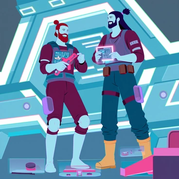 Two rugged mercenaries with scruffy beards and battle-worn clothing are standing on the deck of a futuristic spacecraft. One mercenary, with short brown hair, holds a plasma wrench, while the other, with long black hair tied back, inspects a glowing circuit board. They are both laughing, their faces illuminated by the bright blue light of the ship's control panel. Surrounding them are various tools and spare parts scattered across the floor. The ship's metallic interior features sleek lines and panels with blinking lights, emphasizing its advanced technology. The atmosphere conveys a sense of camaraderie and relief after a long mission.