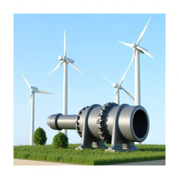 A renewable energy installation featuring several tall wind turbines with white blades spinning against a clear blue sky. In the foreground, a large, metallic heat exchanger is prominently displayed, showcasing its complex piping and cooling fins. The surrounding landscape is dotted with green grass and a few trees, emphasizing the eco-friendly theme of the installation. The turbines stand majestically in the background, creating a harmonious blend of technology and nature.