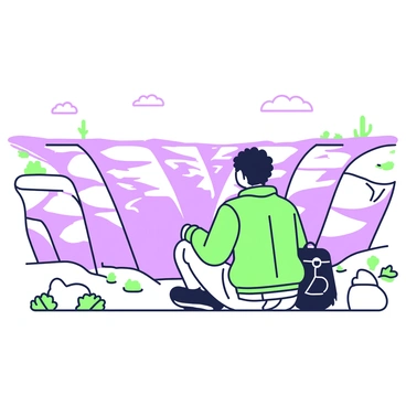 A person is sitting at the edge of a canyon, looking out over the vast landscape. The individual is wearing a light jacket and jeans, with a backpack resting beside them. In front of the person, the canyon stretches out, revealing multiple layers of rock formations in intricate patterns. The rocks display textures created by the erosion, with some areas appearing smooth while others are jagged. The sky above is clear, allowing for a wide view of the horizon. In the distance, a few desert plants can be seen dotting the edge of the canyon.