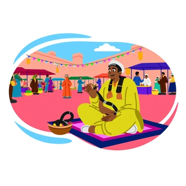 A snake charmer is sitting cross-legged on a colorful woven rug in the vibrant square of "Jemaa el-Fnaa." He is wearing traditional Moroccan attire, complete with a flowing robe and a distinctive hat. In front of him, a large, mesmerizing snake is coiled around a small basket, while he plays a wooden flute, creating enchanting music. The square is bustling with people, some watching intently, while others are engaged in lively conversations. Stalls selling spices and local crafts line the edges of the square, adding splashes of color to the scene. Brightly colored lanterns hang overhead, casting a warm glow over the lively atmosphere.