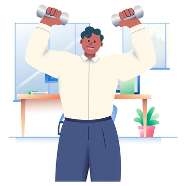 A professional with short black hair is performing shoulder presses with a pair of silver dumbbells in an office setting. They are dressed in a fitted white dress shirt and navy blue trousers. The office has a large window letting in natural light, revealing a cityscape in the background. A wooden desk with a computer and a few documents is situated nearby. A potted plant adds a touch of greenery to the scene, placed next to the desk. The professional is focused, with a determined expression as they lift the dumbbells above their head.