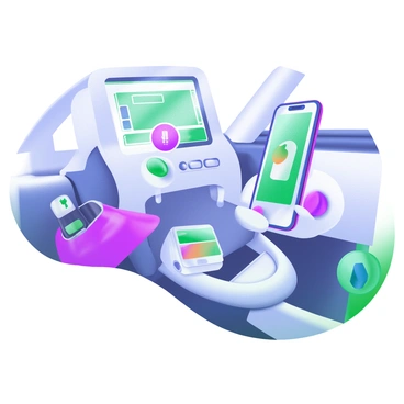 A close-up view of "cupholders" and "electronic gadgets" inside a "white car." The cupholders are positioned in the center console, featuring a sleek design with a shiny finish. Various electronic gadgets are arranged around them, including a "touchscreen display" showing navigation, a "smartphone" charging in a dock, and a "digital climate control" panel with clear buttons. The interior of the car is bright and modern, highlighting the clean lines and contemporary features.