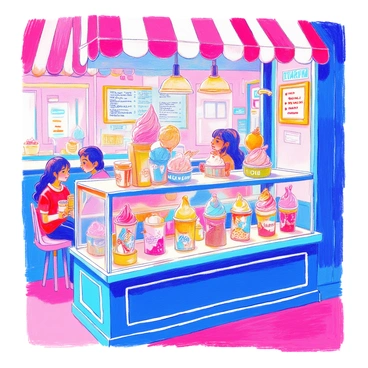 An ice cream parlor with a variety of flavors displayed in a glass counter