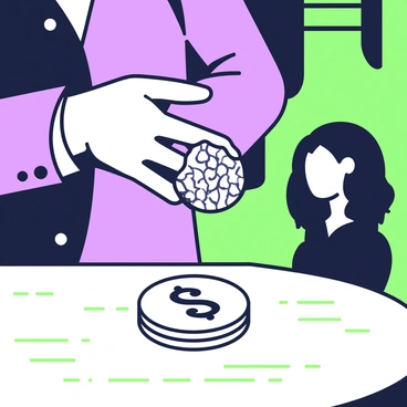 A hand is slightly visible, positioned near a wooden table. The hand is reaching out and about to let go of a silver coin, which glimmers in the light. The coin has intricate designs on its surface, catching the eye as it hovers just above the table. The expression on the hand's fingers suggests hesitation, as if there is a weight of decision behind this action. Nearby, a shadow of a figure looms, hinting at the tension of betrayal. The setting is dimly lit, emphasizing the moment of this significant act.